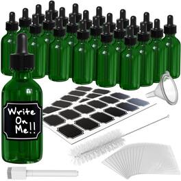 Nevlers - 2 oz. Green Glass Dropper Bottles with Funnel, Brush, Shrink Wrap, Marker and Labels (Pack of 24)
