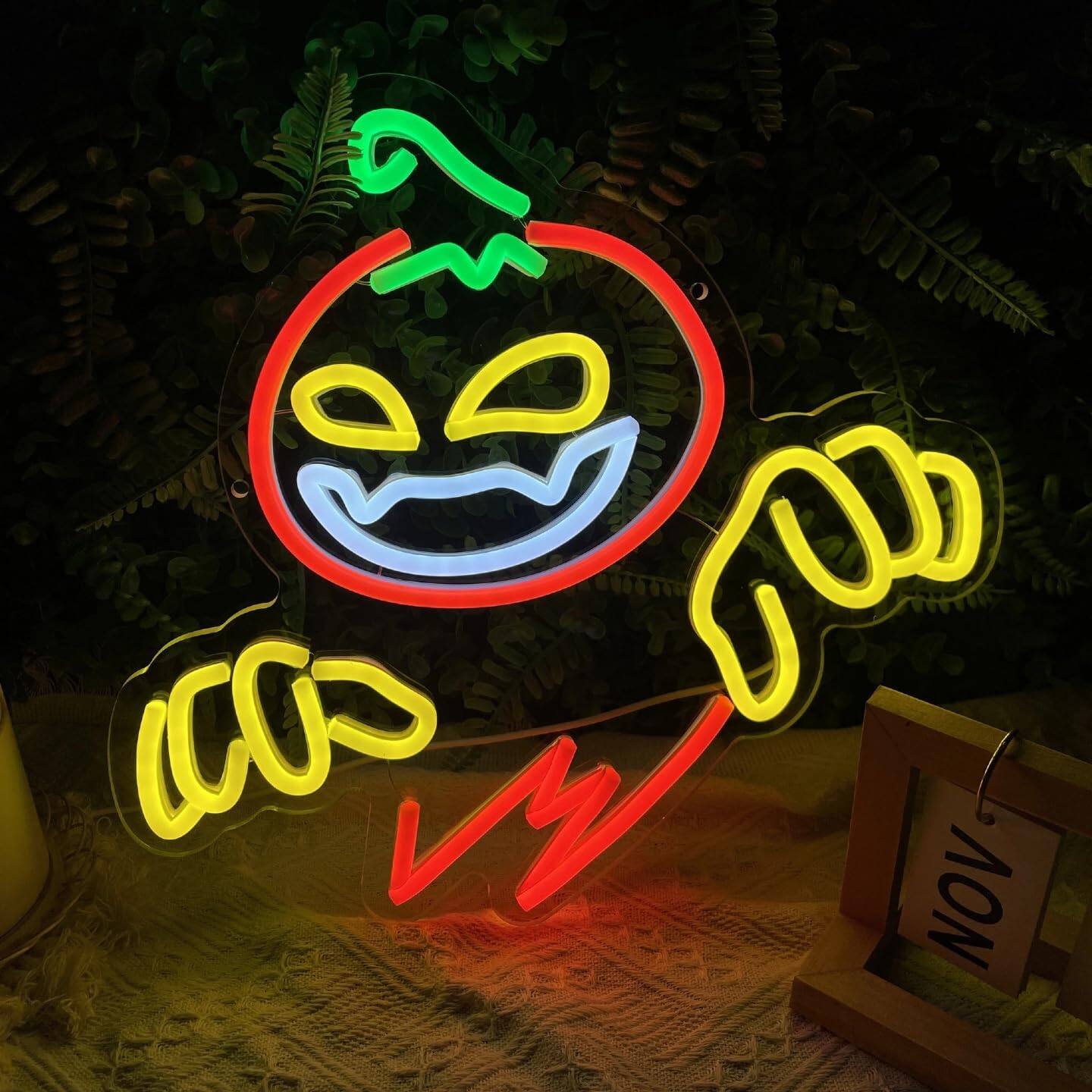 Auledio - Halloween Horror Pumpkin Ghost Buster Neon Sign for Wall USB Powered LED Neon Light for Movie Night Party Decor - Multicolor