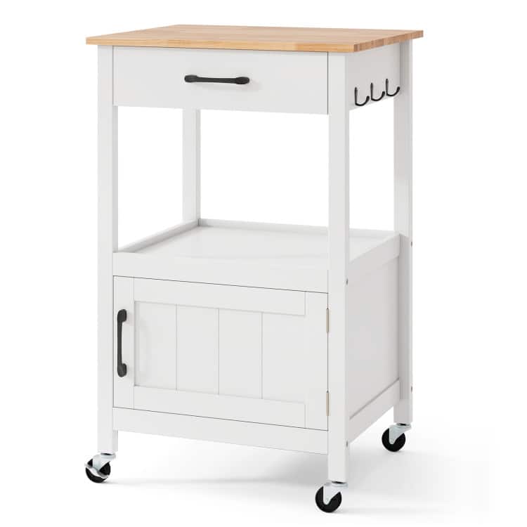 SlickBlue - Mobile Kitchen Cart with Drawer, Side Hooks, and Open Storage Space - White
