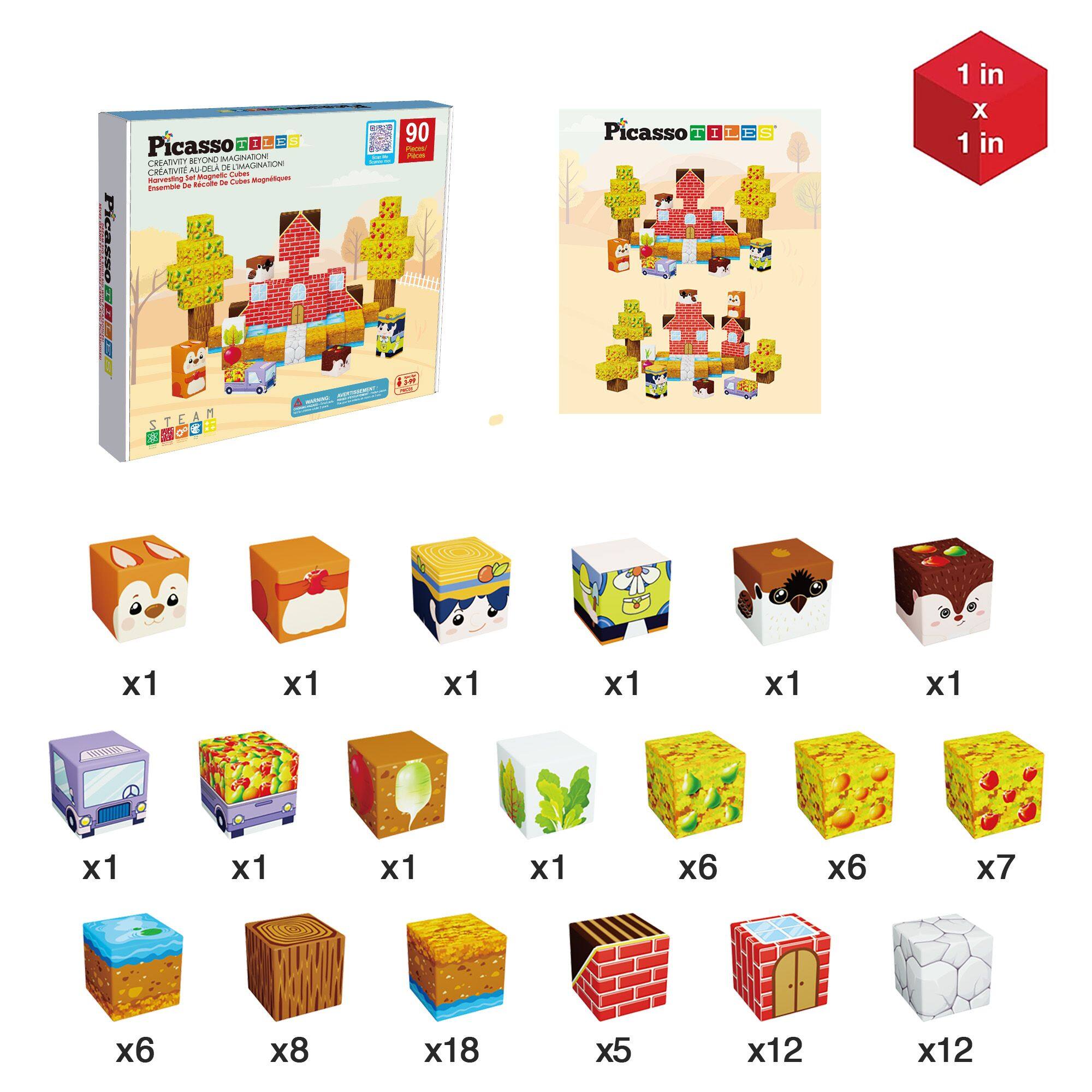 Picasso 1: Creativity Beyond Imagination  
Harvesting the Magic of Magnetic Cubes  
Entremont des Cubes Magnétiques  

Picasso 1  
STEAM  

1 in x 1 in  

- Dog x1  
- Gift Box x1  
- Train x1  
- Carrot x1  
- Ice Cream x1  
- Pizza x1  
- Watermelon x1  
- Tree x6  
- Wood x8  
- Sand x18  
- Brick x5  
- Door x12  
- Stone x12