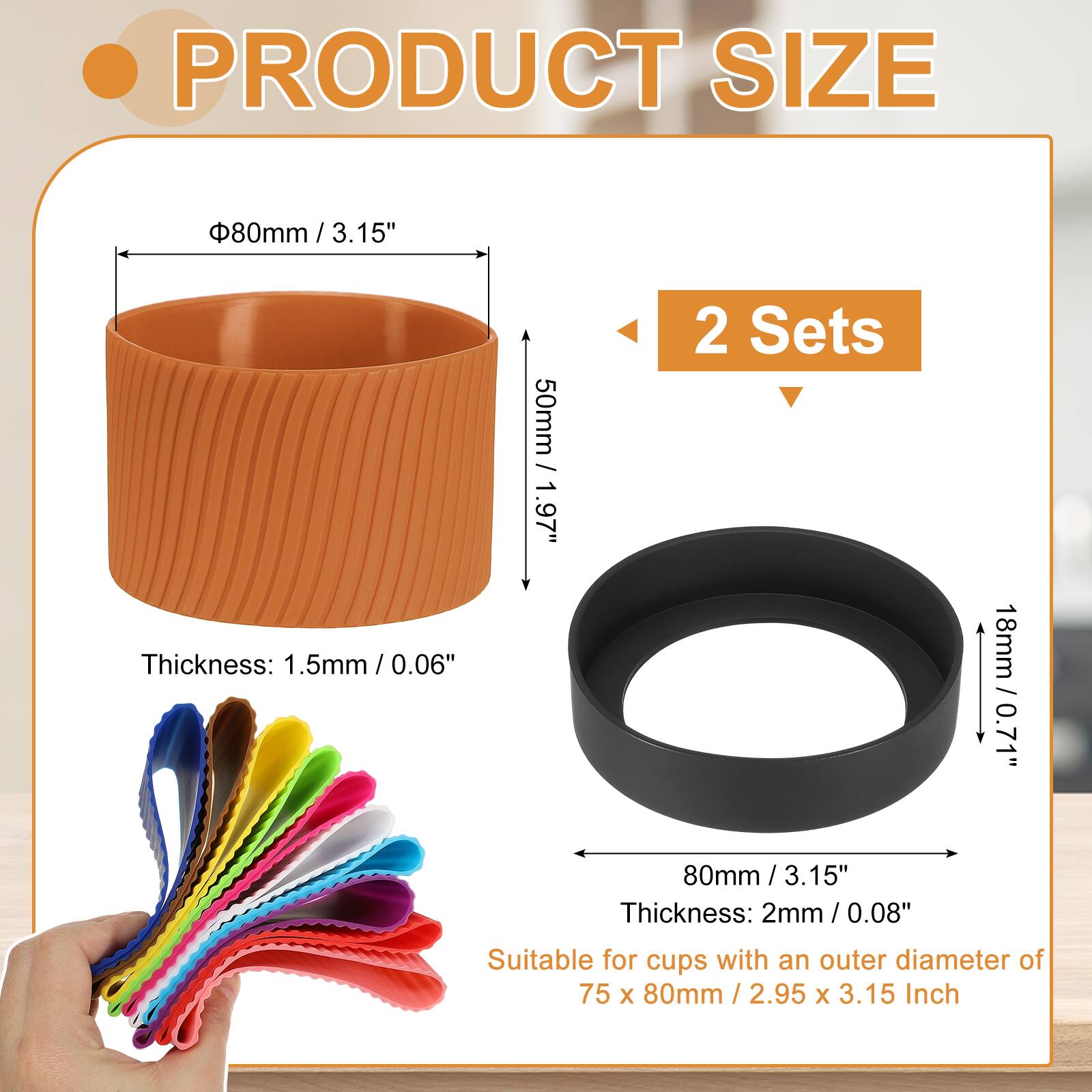 PRODUCT SIZE

- Diameter: 80mm / 3.15"
- Thickness: 1.5mm / 0.06"
- Height: 50mm / 1.97"
- 2 Sets
- Diameter: 18mm / 0.71"
- Diameter: 80mm / 3.15"
- Thickness: 2mm / 0.08"

Suitable for cups with an outer diameter of 75 x 80mm / 2.95 x 3.15 Inch