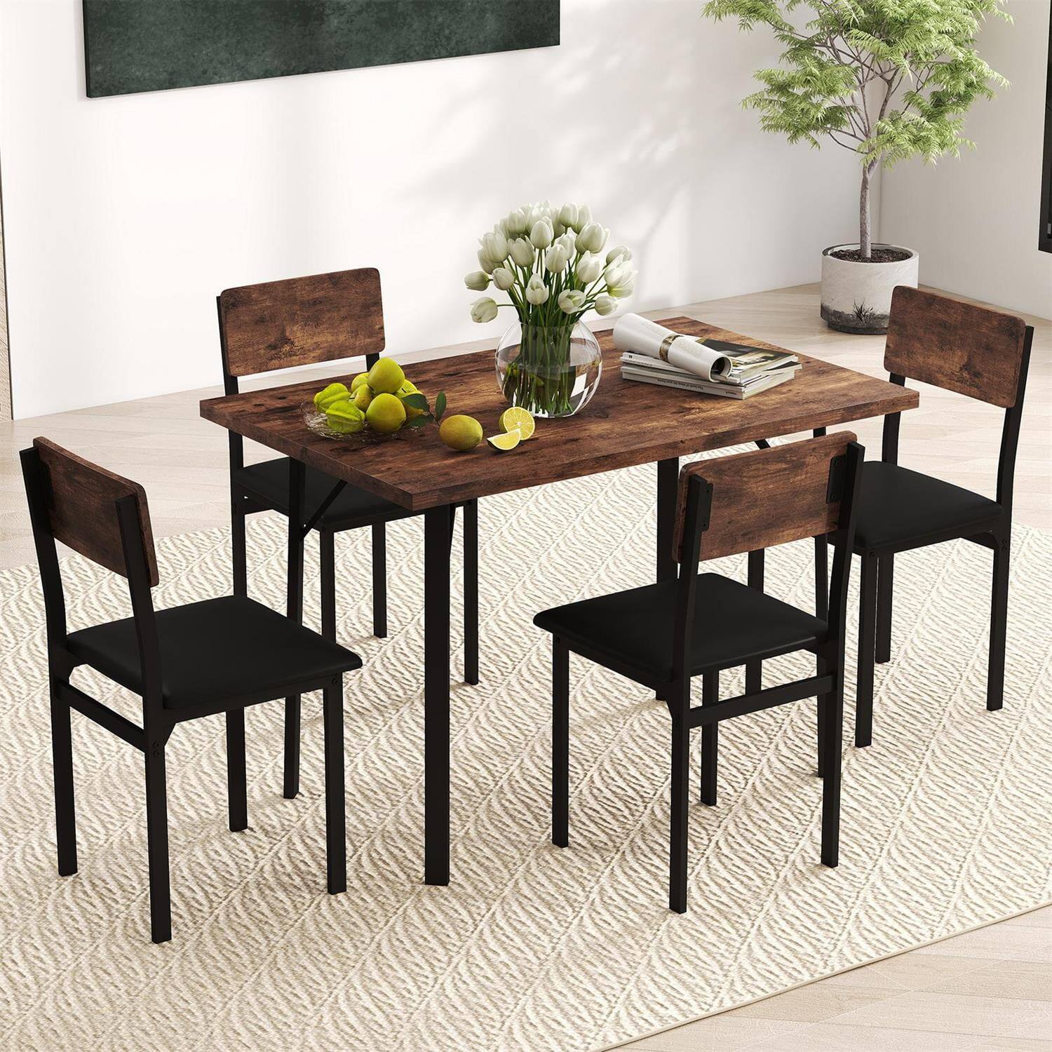 Left. Pefilos - 5-Piece Dining Set,4 PU Leather Chairs Metal Frame,Waterproof,Rustic Brown - Brown.
