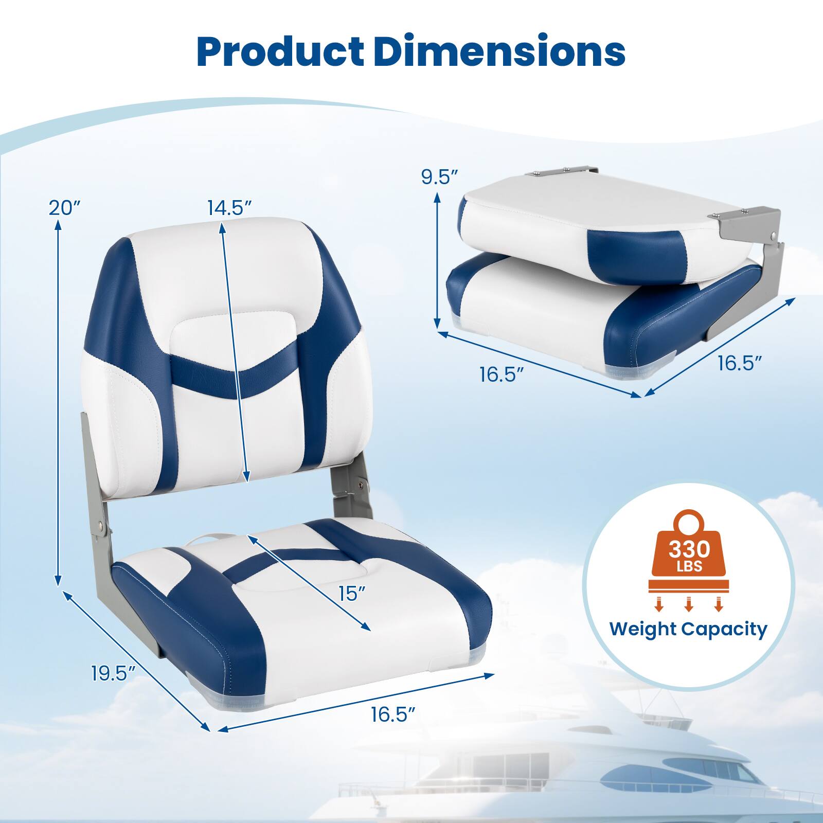 Product Dimensions:  
- 20"  
- 14.5"  
- 9.5"  
- 16.5"  
- 16.5"  
- 15"  
- 19.5"  

Weight Capacity: 330 LBS