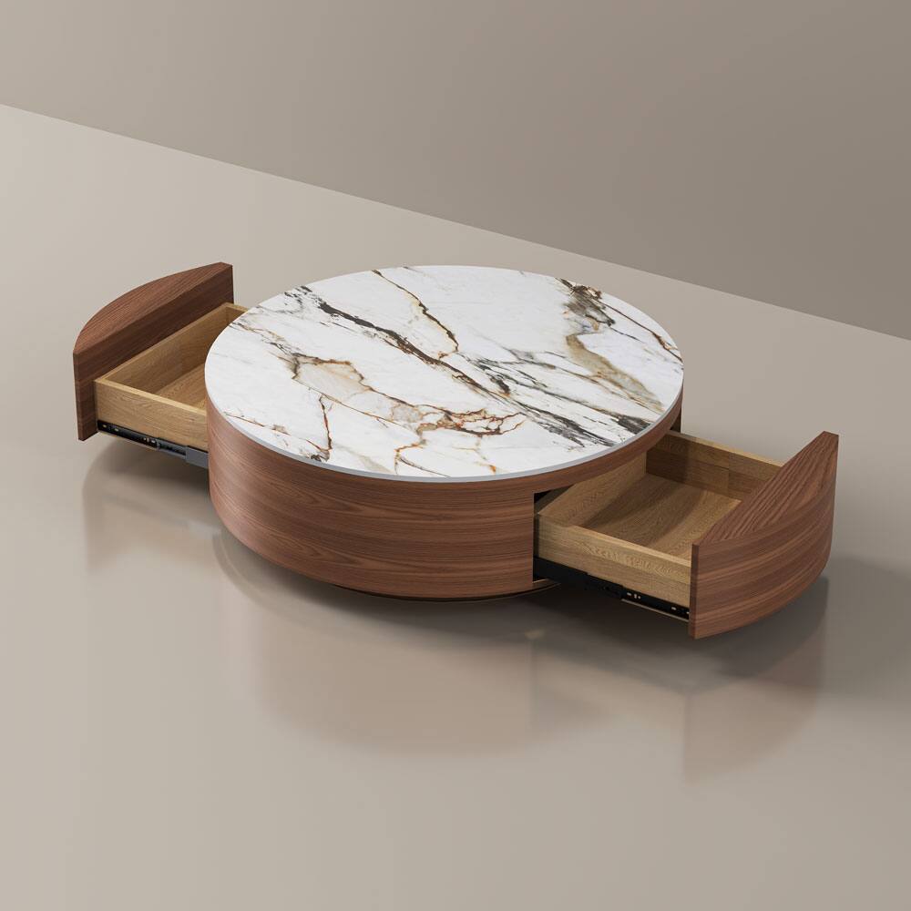 Alt View 8. POVISON - 39" Fully Assembled Wood Modern Round Drum Sintered Stone Coffee Table with 2 Drawers, Walnut & White - Walnut & White.