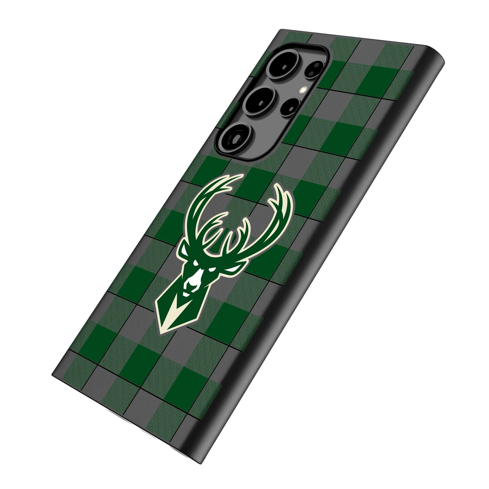 Alt View 1. Keyscaper - Milwaukee Bucks Plaid Galaxy Magnetic Bump Case - S25 - Black.