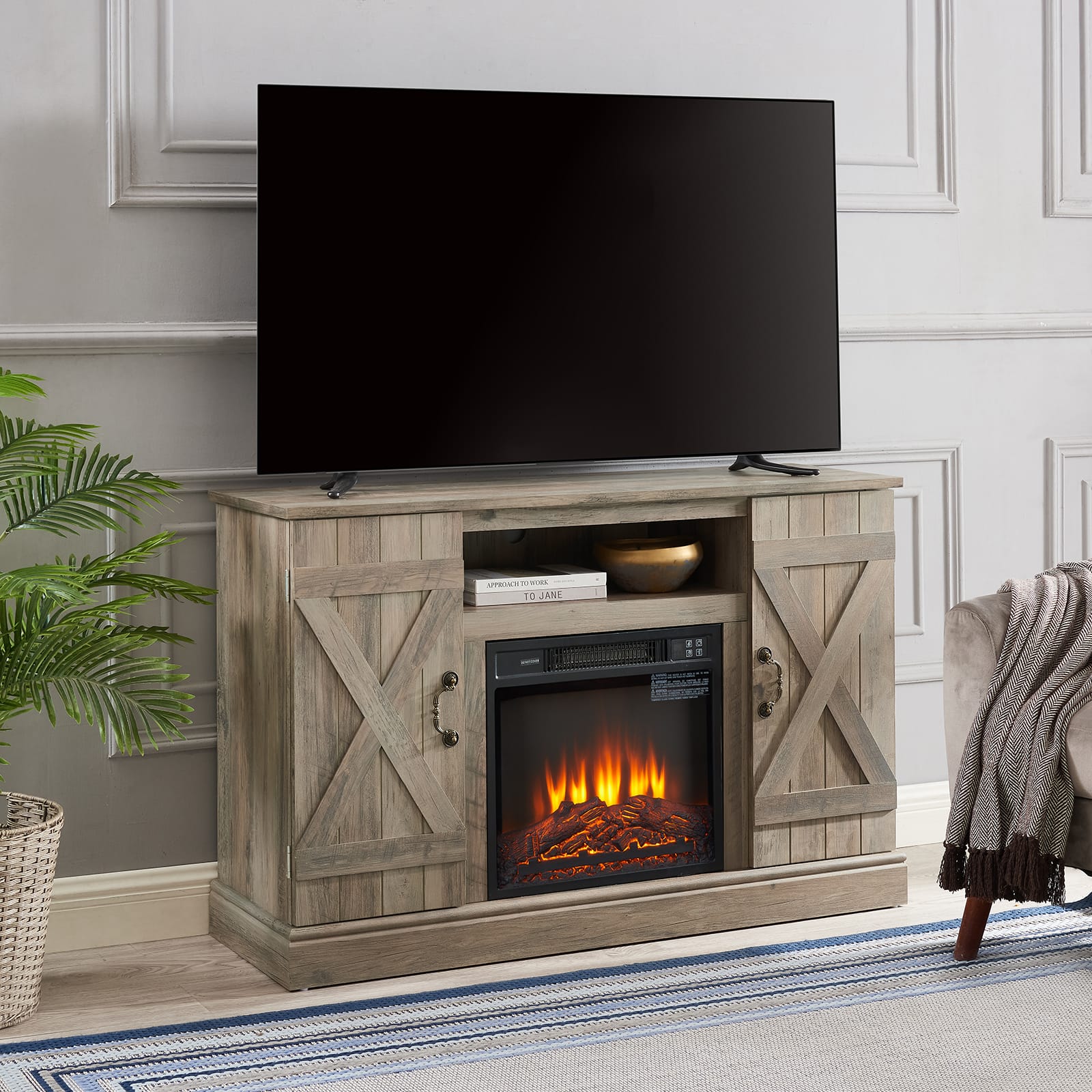 Chateau Abodes - 47" Farmhouse TV Stand with Open and Closed Storage Space for TV up to 50" - Gray Wash with Fireplace