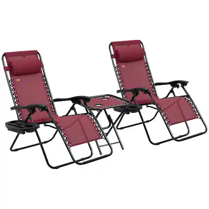 Front. Outsunny - Outsunny Zero Gravity Chair Set with Side Table, Folding Reclining Chair with Cupholders & Pillows - Wine Red.