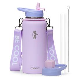 Coolflask - Insulated Water Bottle with Strap - Straw & Spout Lids - Keep Cold 48h - 32oz Purple
