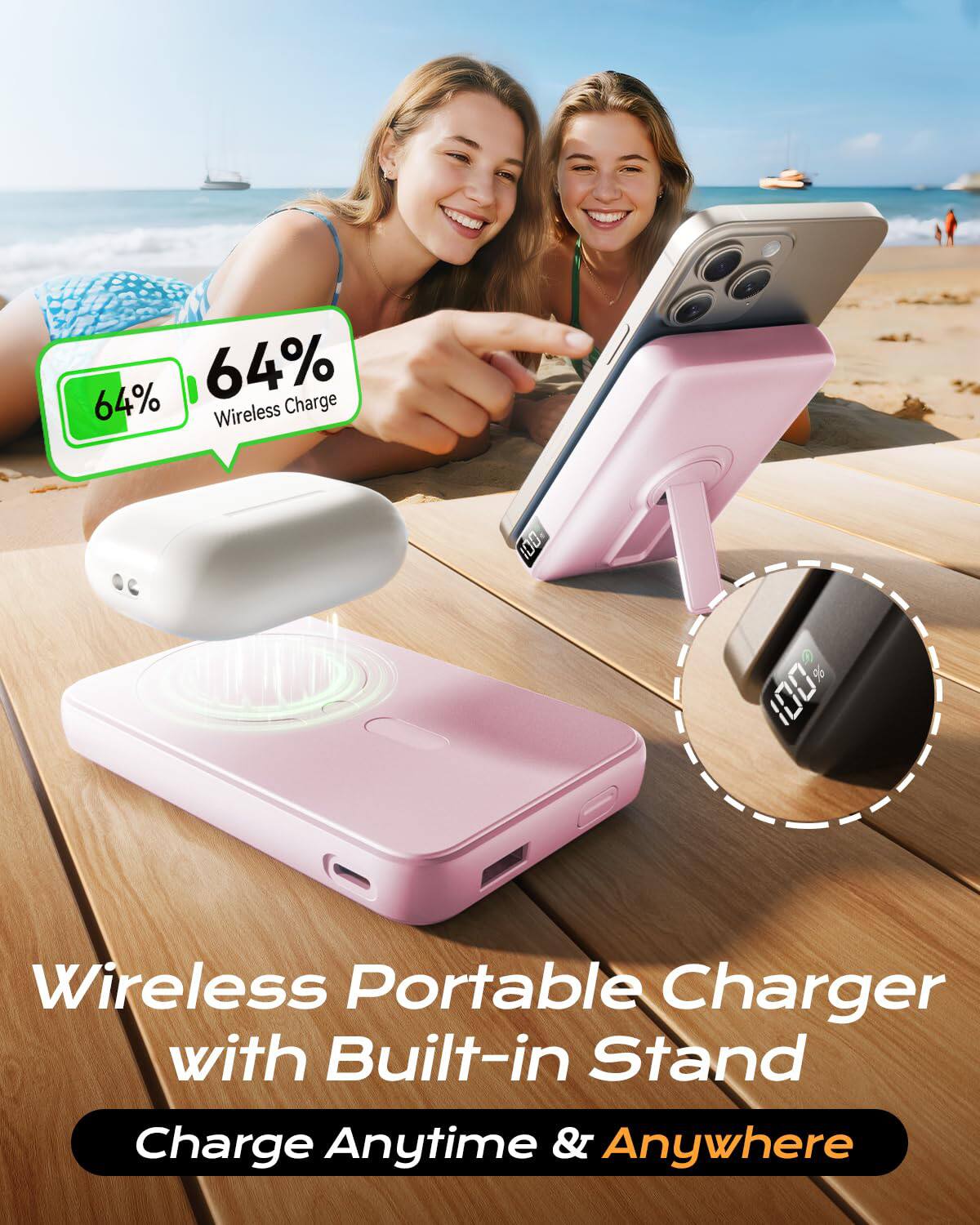 64% Wireless Charge

Wireless Portable Charger with Built-in Stand

Charge Anytime & Anywhere