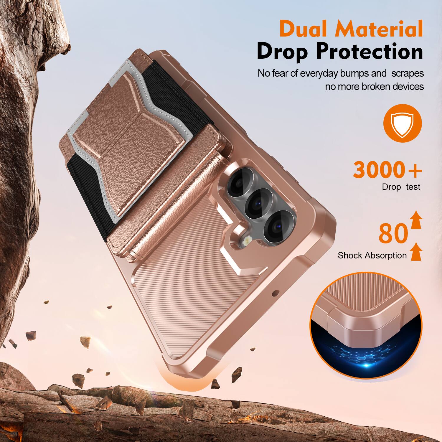 Dual Material Drop Protection  
No fear of everyday bumps and scrapes, no more broken devices  

3000+ Drop test  
80 Shock Absorption