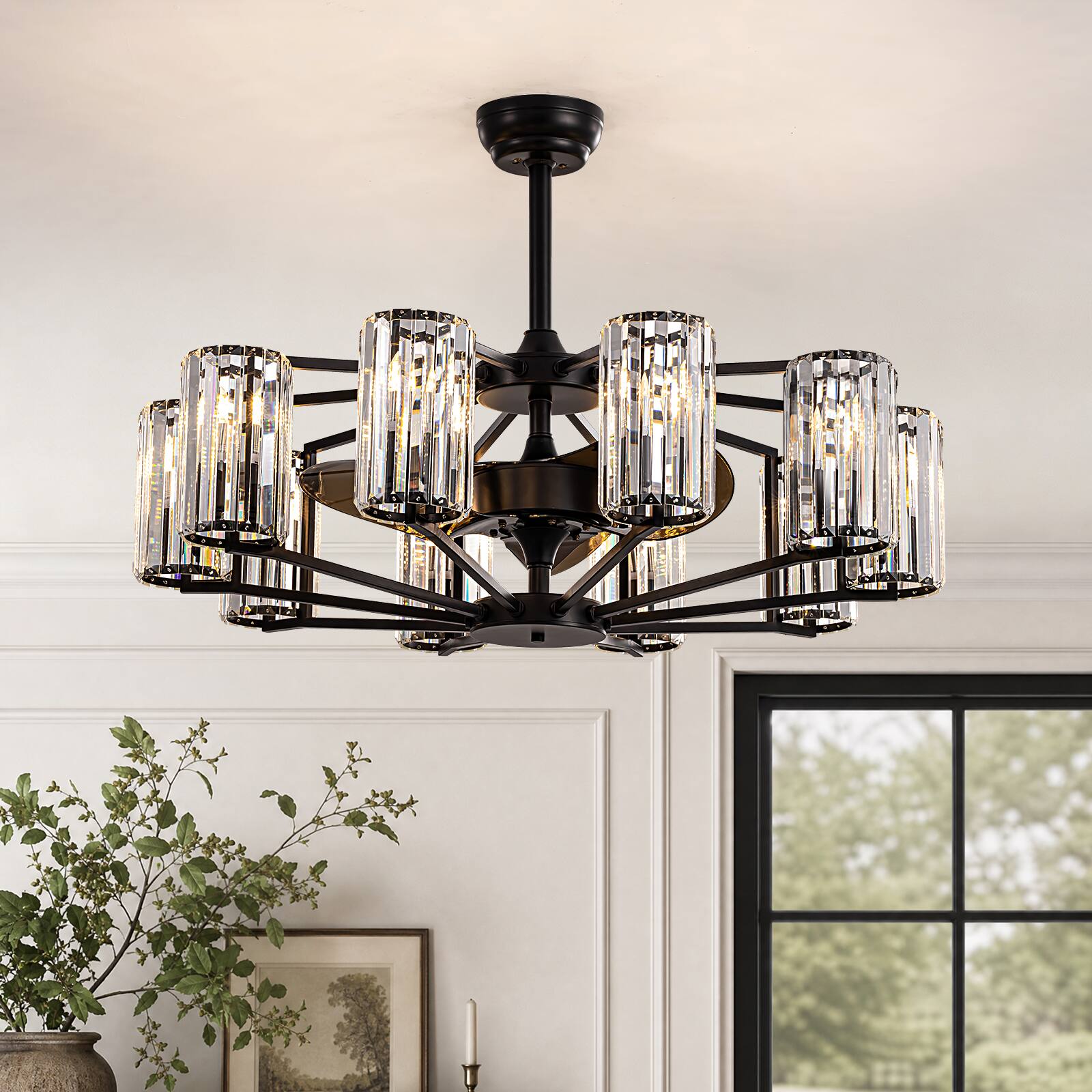 Angle. Siljoy - 36-inch Matte Black Ferris Wheel 10-Light Dimmable Crystal Fandelier Adjustable Height for Dining Room Bedroom - Black.