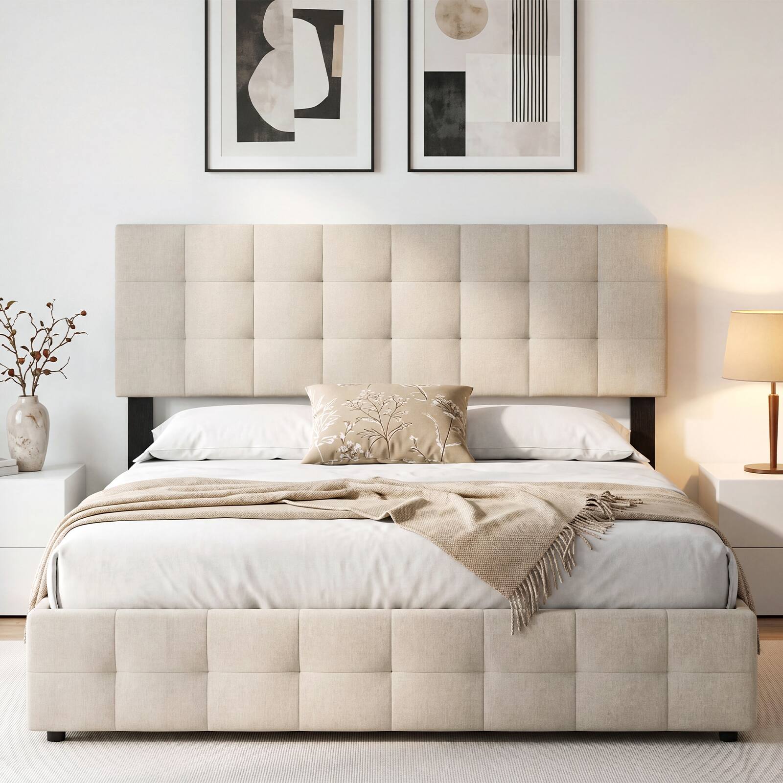 Alt View 4. Gymax - Gymax Upholstered Headboard Queen/Full Size Quilted Grid Linen Fabric Bed Frame Beige - Beige.