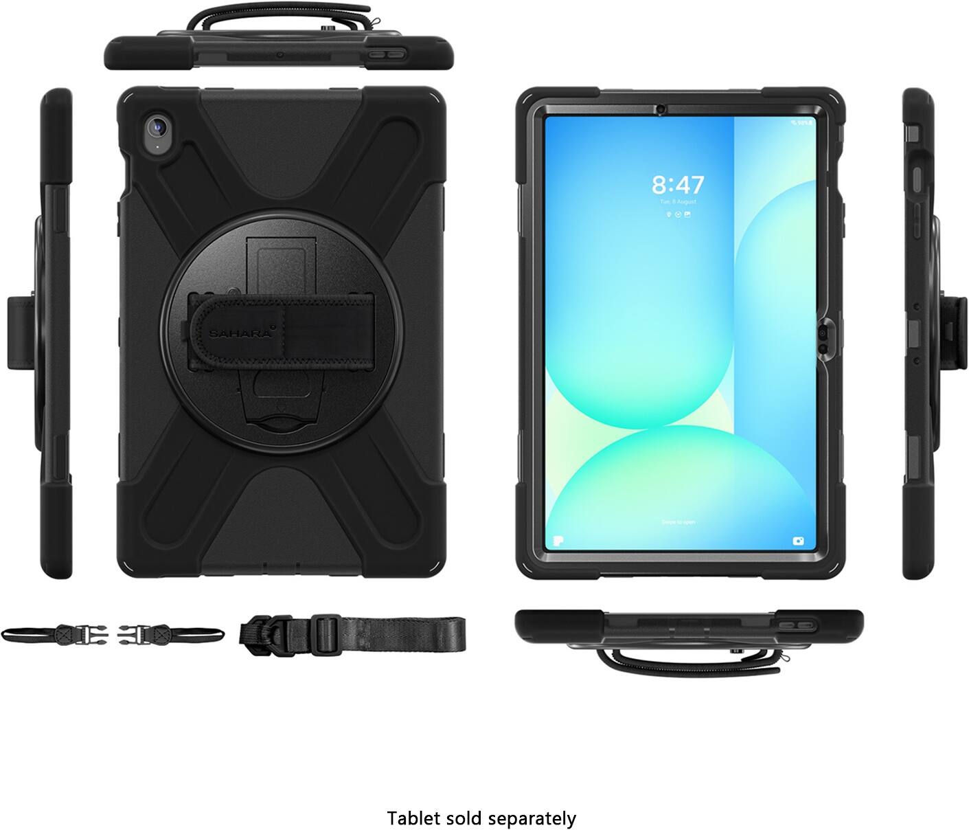 The image shows a black case with a tablet and a cell phone inside. The tablet is placed in the case, and the cell phone is positioned next to it. The case is designed to hold both devices securely and protect them from damage. The image also includes a strap for attaching the case to a wrist or other objects. The tablet and cell phone are not sold together; they are separate items that can be purchased separately.