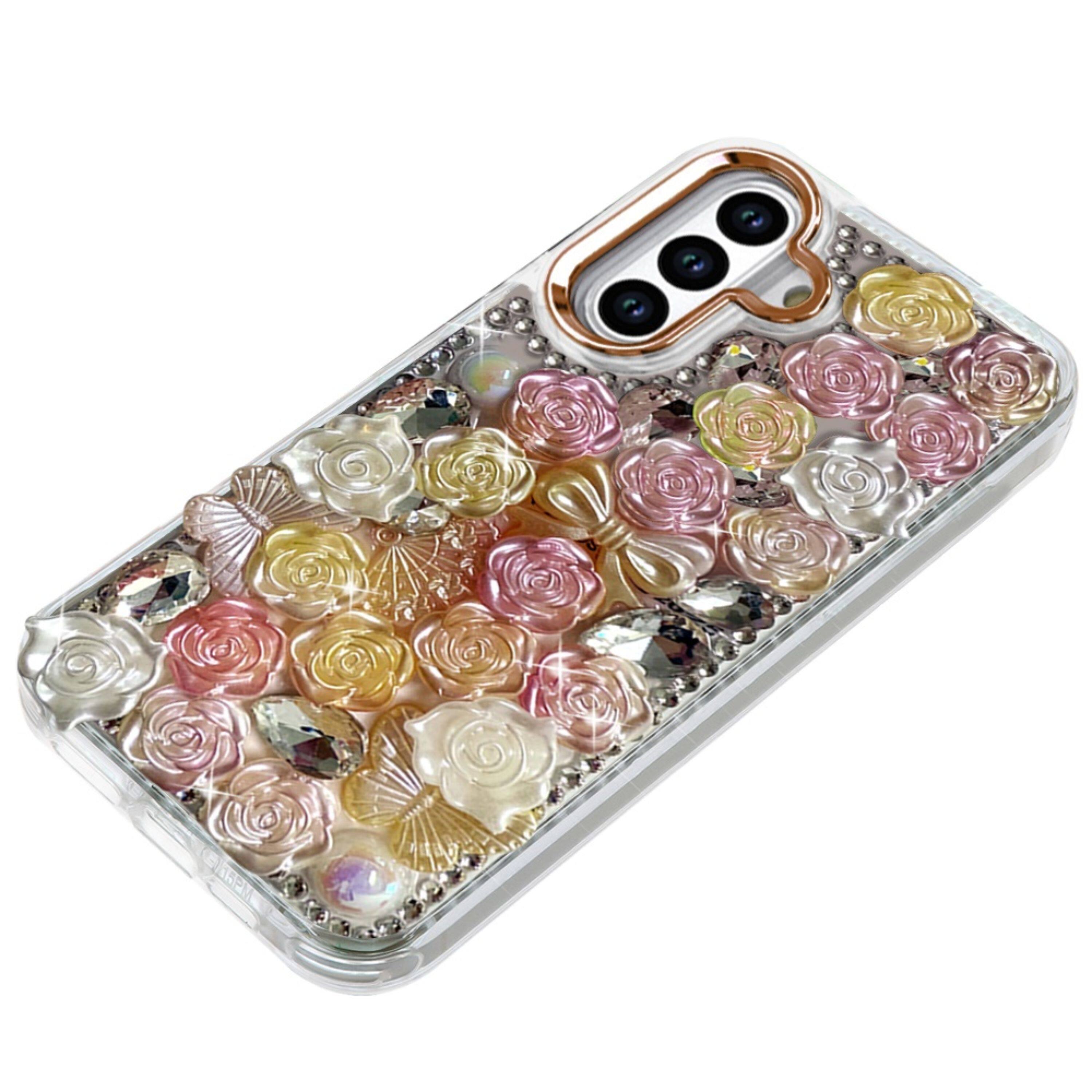 Angle. Kitcheniva - Roses Arrangement 3D Bling Phone Cover Plus Tempered Glass For Samsung S26 FE Orange - Orange.