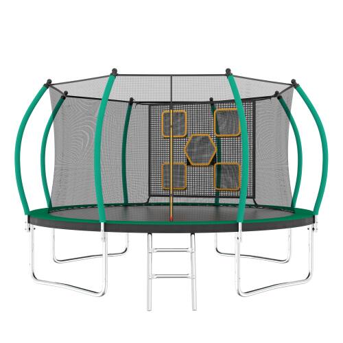Front. DRONKON - 12 FT Trampoline with Enclosure and Ladder for Kids - Black Green.
