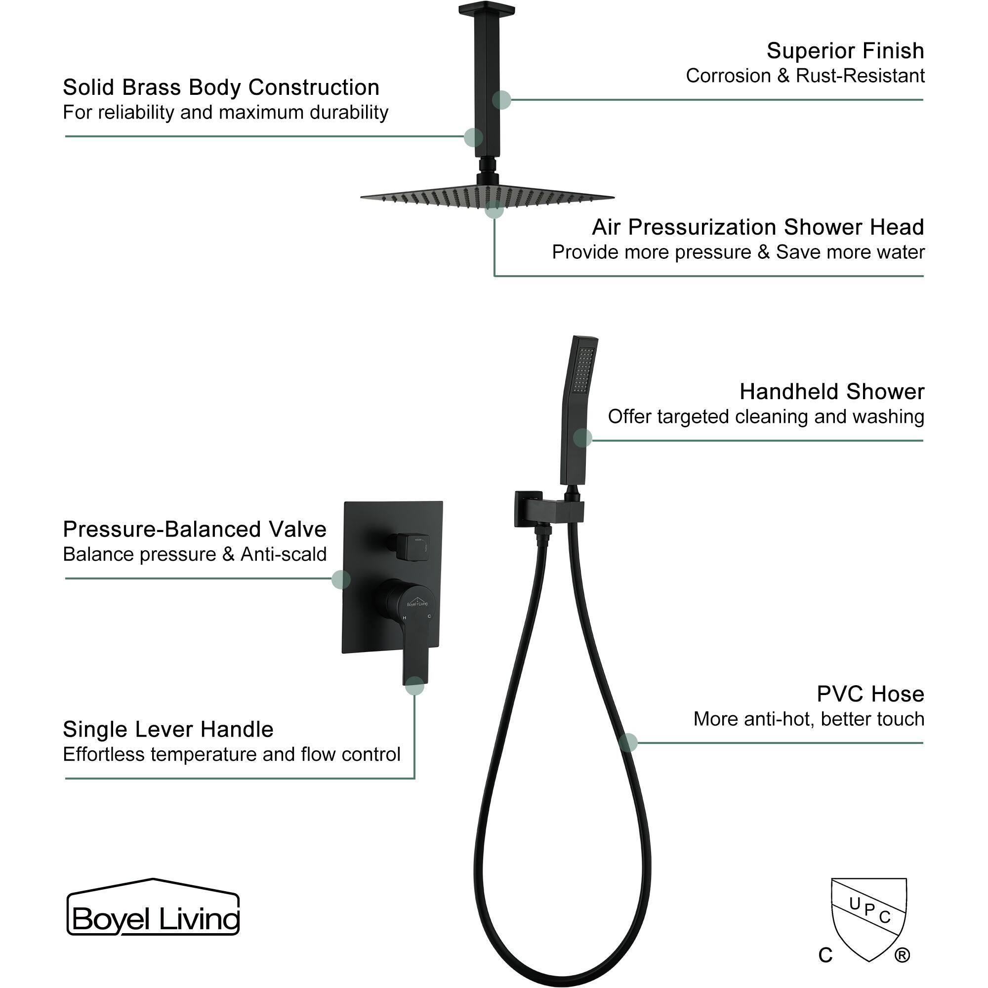 Solid Brass Body Construction, Superior Finish, Air Pressurization Shower Head, Handheld Shower, Pressure-Balanced Valve, Single Lever Handle, PVC Hose, Boyel Living, UPC C R
