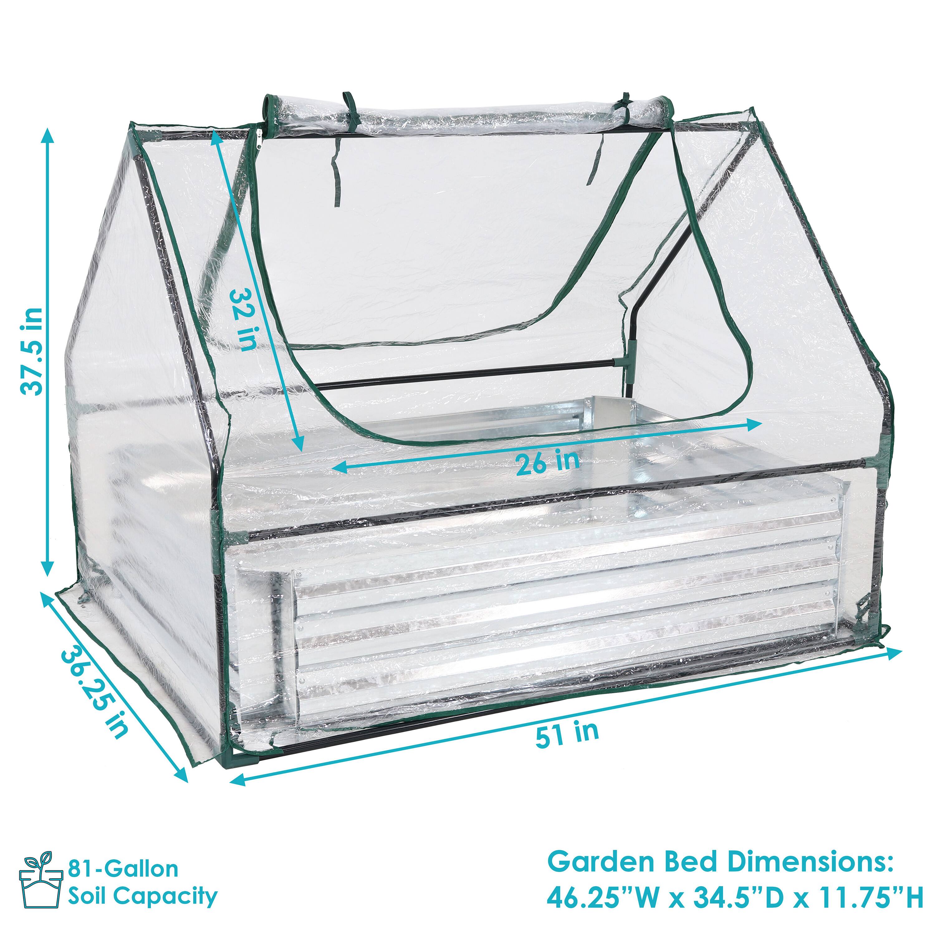 81-Gallon Soil Capacity

Garden Bed Dimensions: 46.25"W x 34.5"D x 11.75"H

Dimensions:
- 51 in (length)
- 37.5 in (height)
- 36.25 in (depth)
- 32 in (side height)
- 26 in (width)
