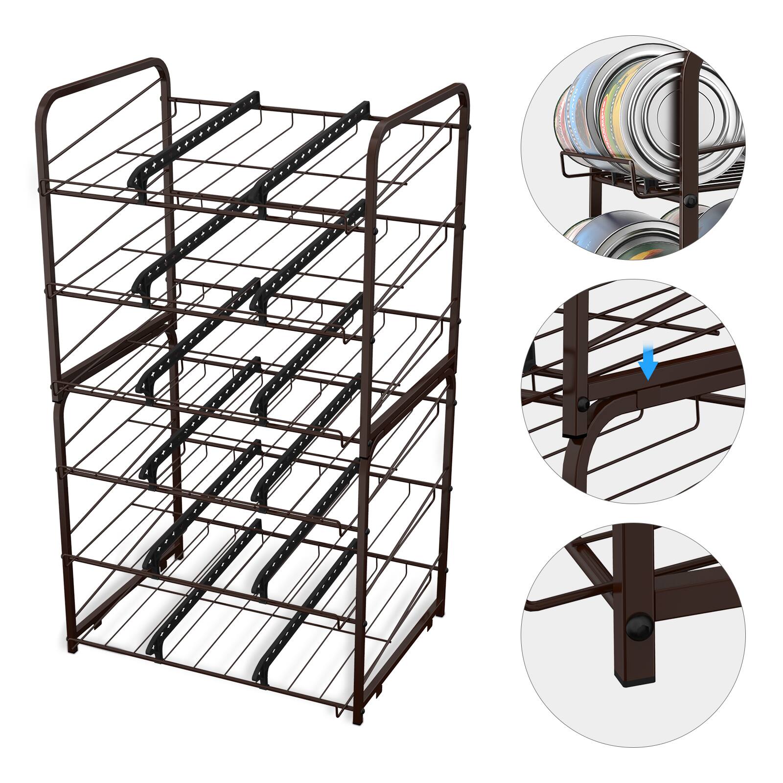 Left. Oumilen - 2 Pack  3-Tier Adjustable Can Organizer Rack, Metal Rolling Can Storage Holder with Movable Dividers - Black.