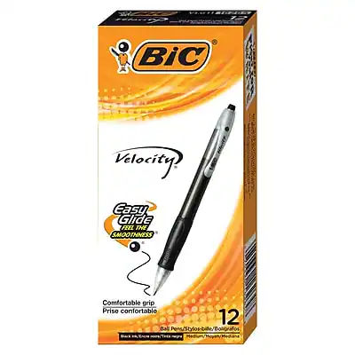 BIC Velocity
Easy Glide
FEEL THE SMOOTHNESS
Comfortable grip
Prise confortable
12 Ball Pens/Stylos-bille/Bolígrafos