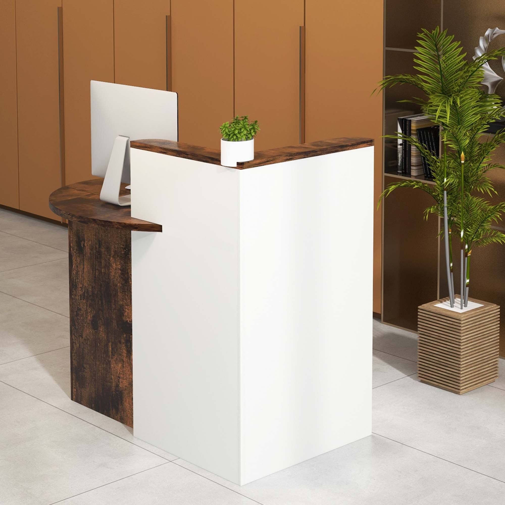Alt View 14. Costway - Front Reception Desk with Open Shelf and Lockable Drawer - Rustic Brown and White.