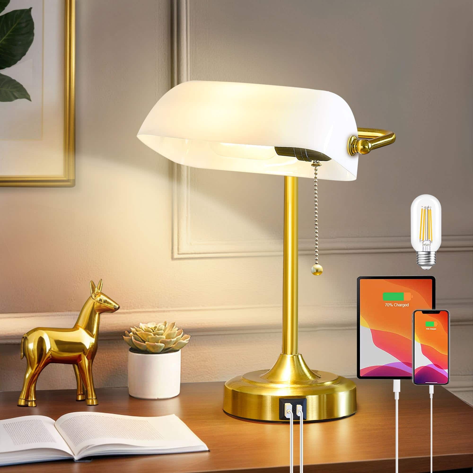 HM 1810 - Vintage Desk Lamp Bankers Lamp Retro Table Lamp USB Type Charging Ports Traditional Pull Chain Switch - Gold