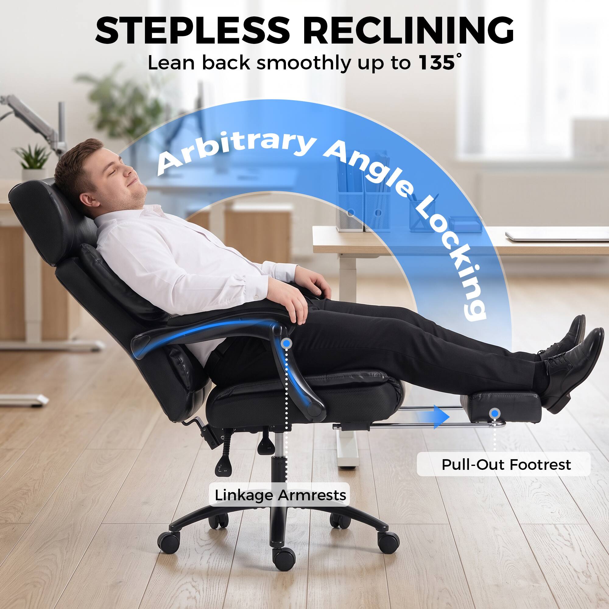 Stepless Reclining  
Lean back smoothly up to 135°  
Arbitrary Angle Locking  
Pull-Out Footrest  
Linkage Armrests