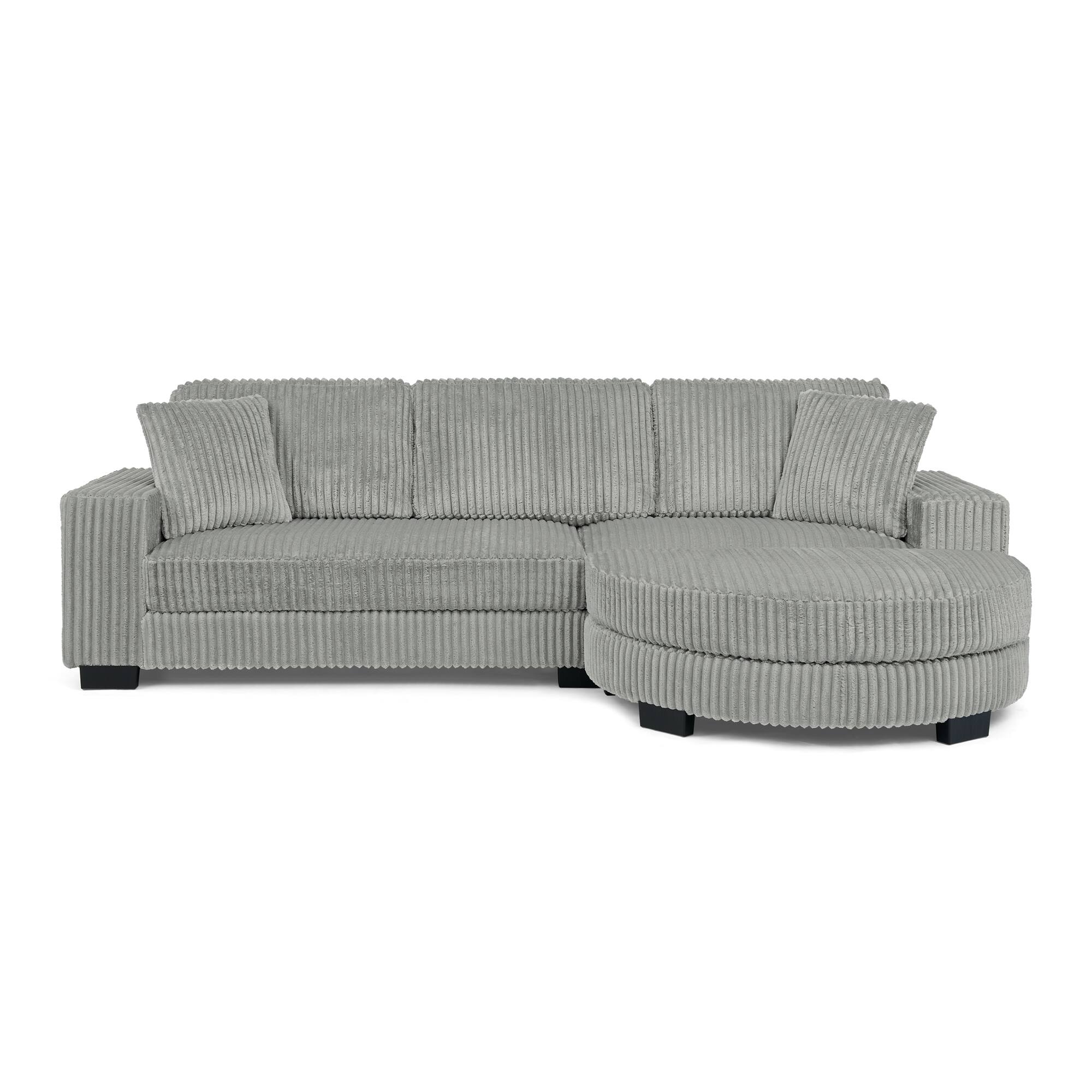 Back. Whisen - Corduroy Tufted Upholstered Sleeper Sectional Sofa with arc-shaped footstool for Living Room - Grey.
