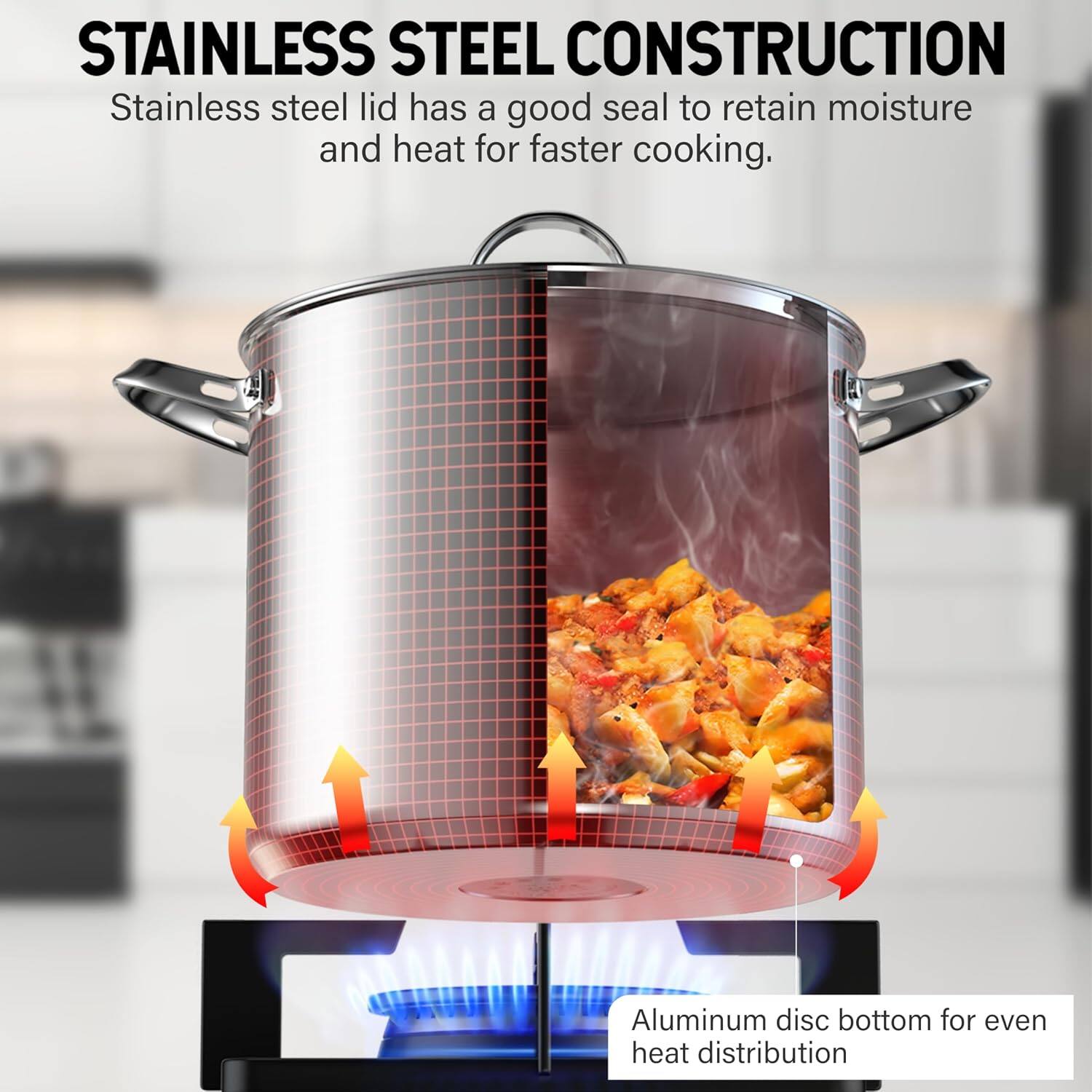 STAINLESS STEEL CONSTRUCTION  
Stainless steel lid has a good seal to retain moisture and heat for faster cooking.  
Aluminum disc bottom for even heat distribution