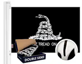 G128 - Gadsden Don't Tread On Me Flag, 3x5 ft Double-Sided Embroidered 210D Polyester (2-ply) - Black and White