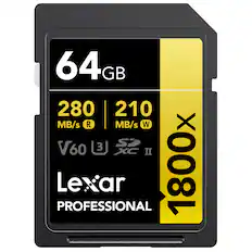 64 GB
280 MB/s R | 210 MB/s W
V60 U3
XC II
1800x
Lexar PROFESSIONAL