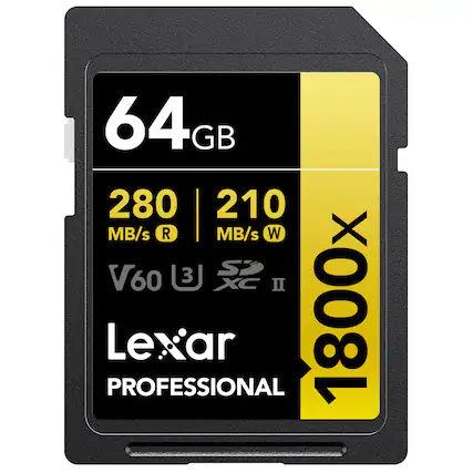 64 GB
280 MB/s R | 210 MB/s W
V60 U3
XC II
1800x
Lexar PROFESSIONAL
