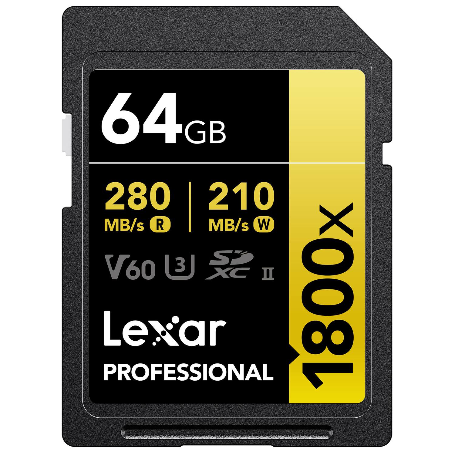 64 GB  
280 MB/s R | 210 MB/s W  
V60 U3  
XC II  
1800x  
Lexar PROFESSIONAL