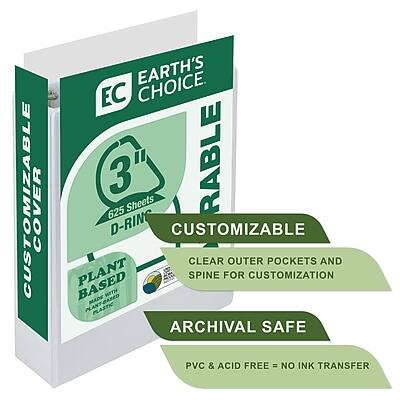 **EARTH'S CHOICE**

**CUSTOMIZABLE COVER**

**EC 3"**

**625 Sheets**

**D-RING**

**CUSTOMIZABLE**

**CLEAR OUTER POCKETS AND SPINE FOR CUSTOMIZATION**

**PLANT BASED**

**MADE WITH PLANT-BASED PLASTIC**

**ARCHIVAL SAFE**

**PVC & ACID FREE = NO INK TRANSFER**