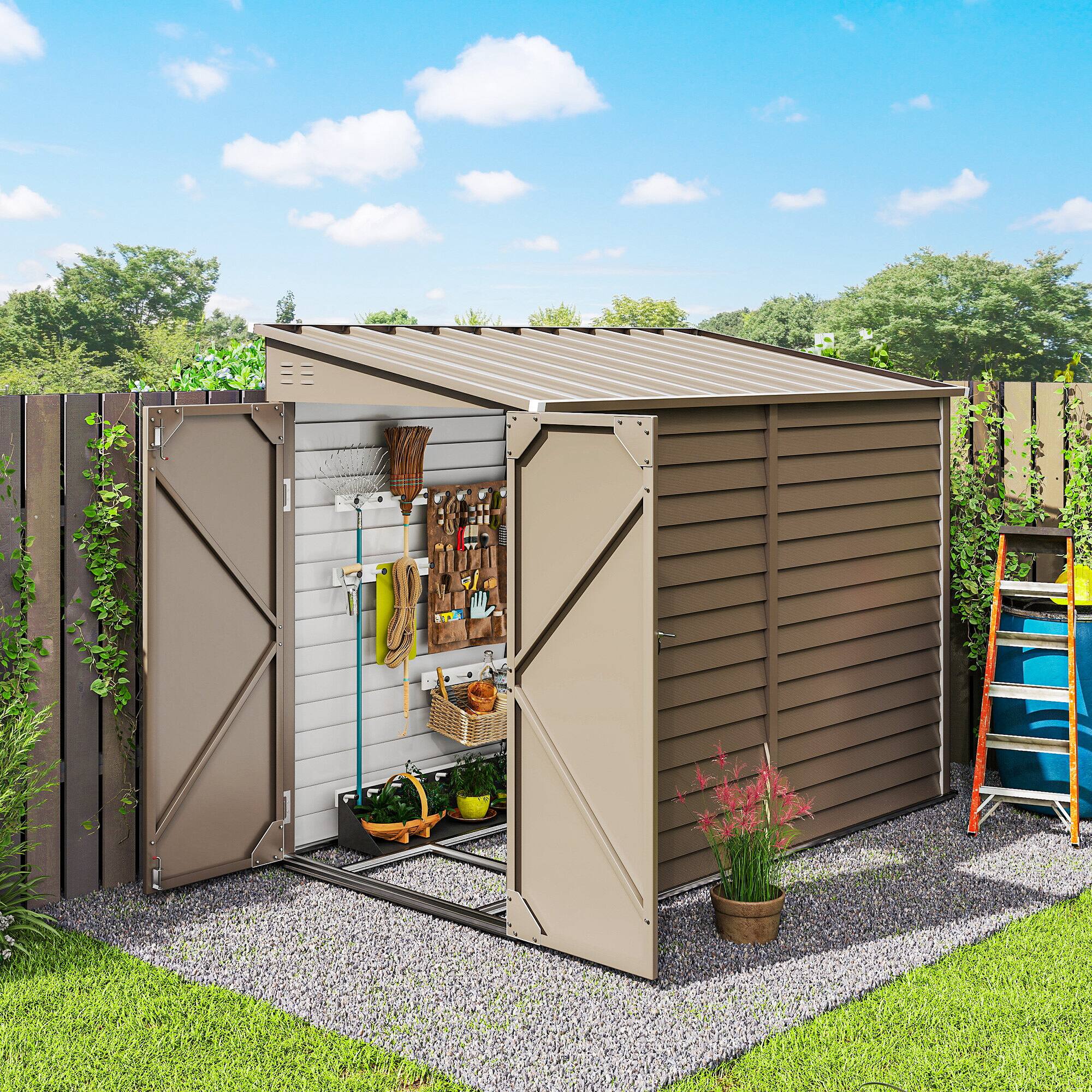 Alt View 1. Outsunny - x 9' Outdoor Storage Shed, Lean to Metal Shed with Foundation Kit, Lockable Doors and Gloves for Patio.