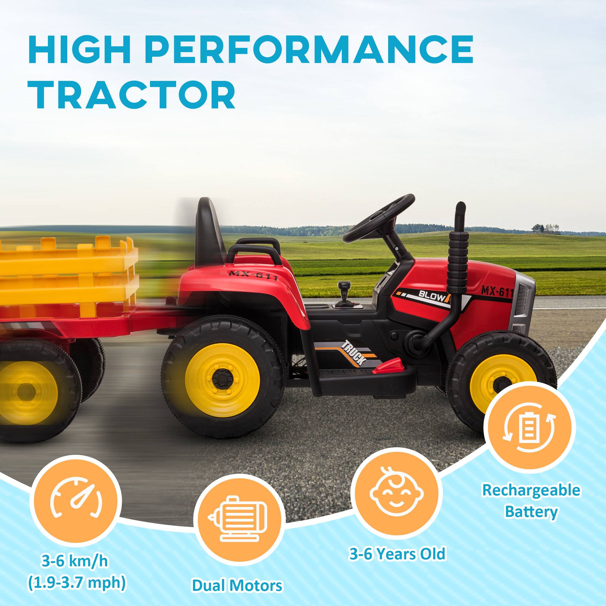 HIGH PERFORMANCE TRACTOR MX-611 BLOW TRUCK Rechargeable Battery 3-6 km/h (1.9-3.7 mph) Dual Motors 3-6 Years Old