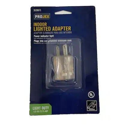 3539673 PROJEX INDOOR LIGHTED ADAPTER ADAPTOR ILUMINADO PARA USO INTERIOR
Power indicator light Luz indicadora de potencia
Plugs into any grounded extension cord Compatible con cualquier extensión con conexión a tierra
YL LIGHT DUTY 125 VOLTS/15 AMP GROUNDED