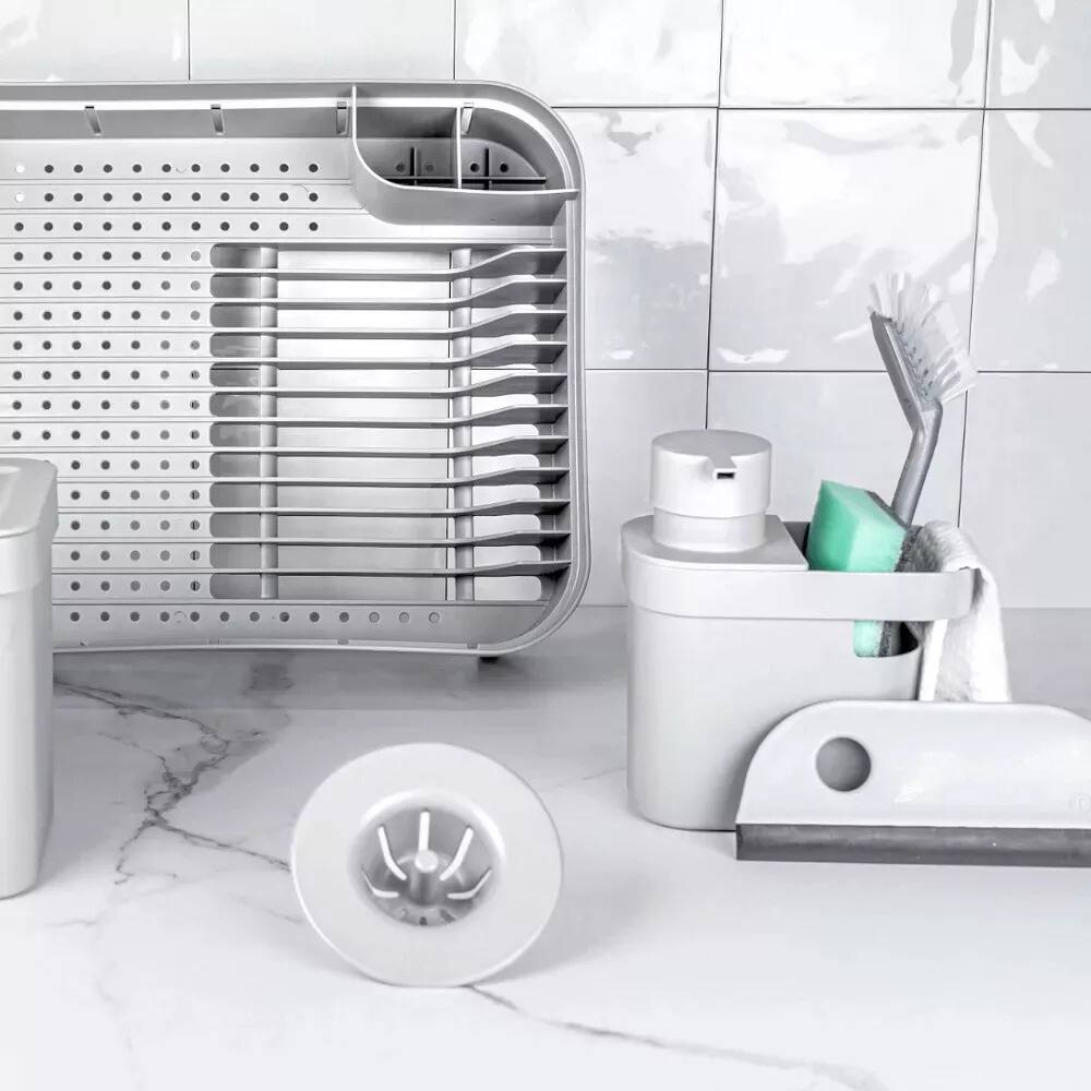 Angle. OU - OU Kitchen Sink Organizer 3pc Set, Dish Rack, Cutlery Drainer & Soap Dispenser Caddy w Sponge Holder - White - White.