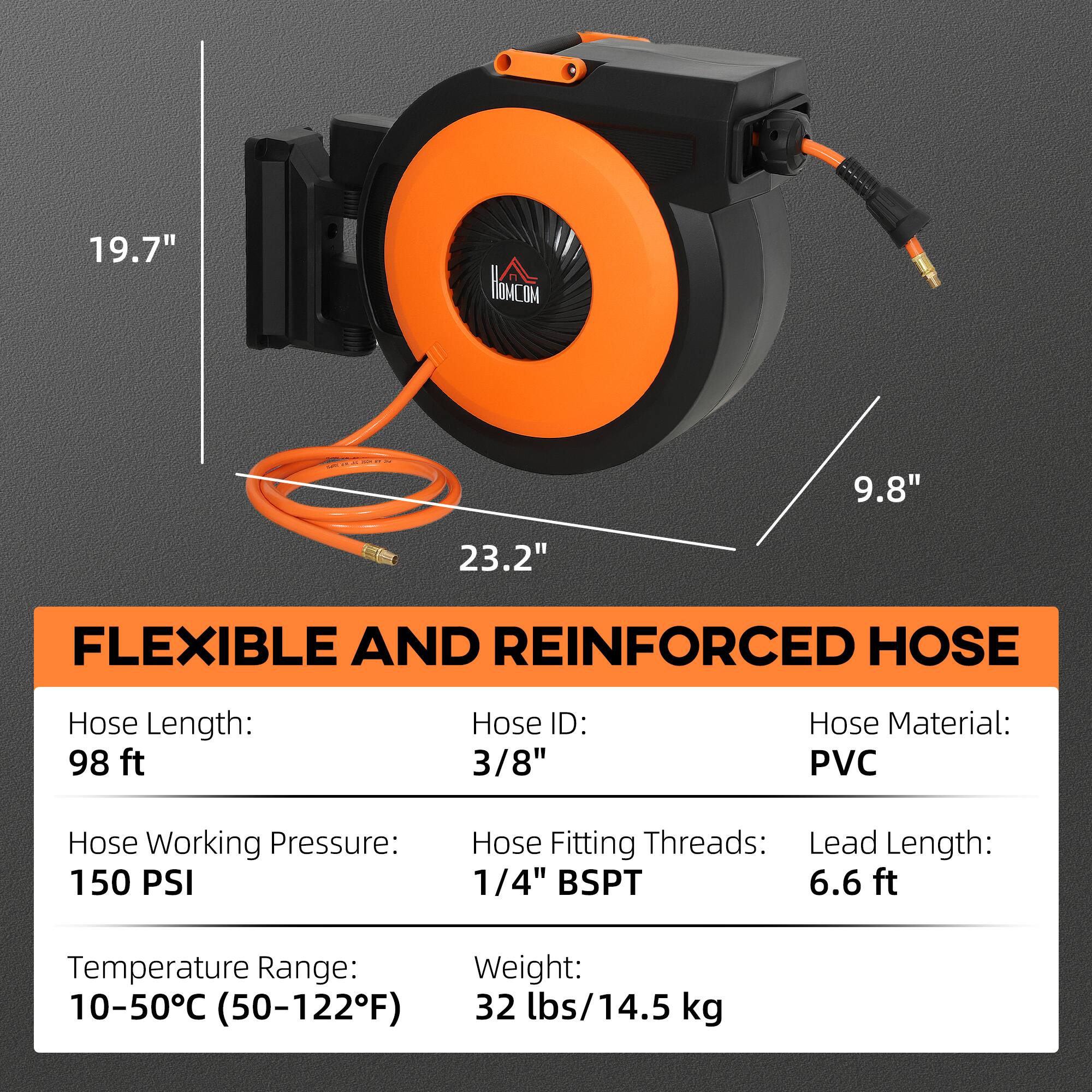 19.7" ACIM 9.8" 23.2" FLEXIBLE AND REINFORCED HOSE

- Hose Length: 98 ft
- Hose ID: 3/8"
- Hose Material: PVC
- Hose Working Pressure: 150 PSI
- Hose Fitting Threads: 1/4" BSPT
- Lead Length: 6.6 ft
- Temperature Range: 10-50°C (50-122°F)
- Weight: 32 lbs/14.5 kg