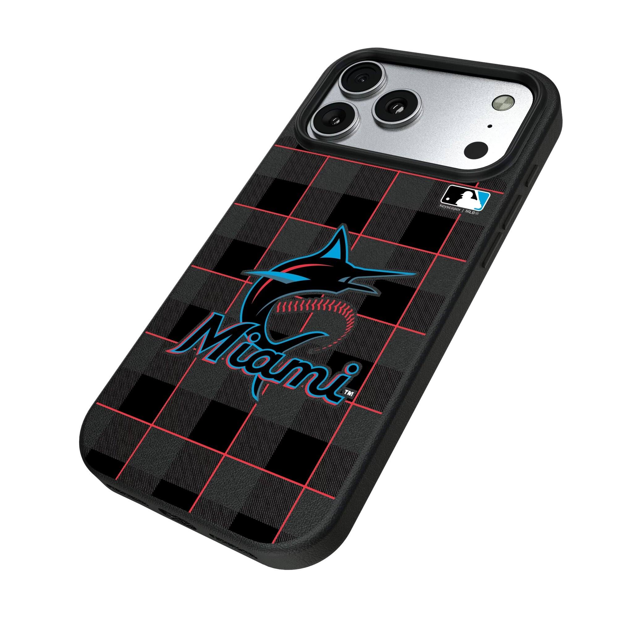 Alt View 1. Keyscaper - Miami Marlins Plaid Magnetic Bump iPhone Case - 15 Plus - Black.