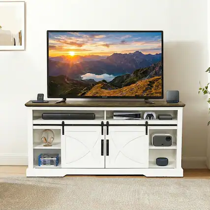 Front. Ihomeadore - 68" TV Stand with Open Storage Shelves and Cabinets Media Console for TVs up to 78" - White.