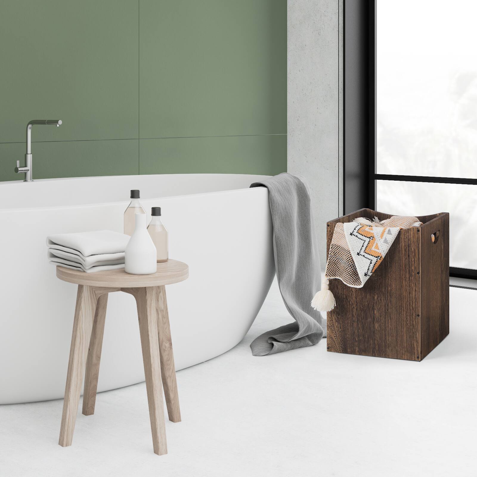 Alt View 2. Oumilen - Solid Wood Laundry Hamper – Burnt Wood Basket with Cutout Handles for Bathroom & Bedroom - Rustic Brown.