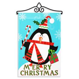 G128 - Combo Pack Garden Flag Hanger 14.2 in & Merry Christmas Penguin Flag 12x18 in Printed 150D Polyester - Blue