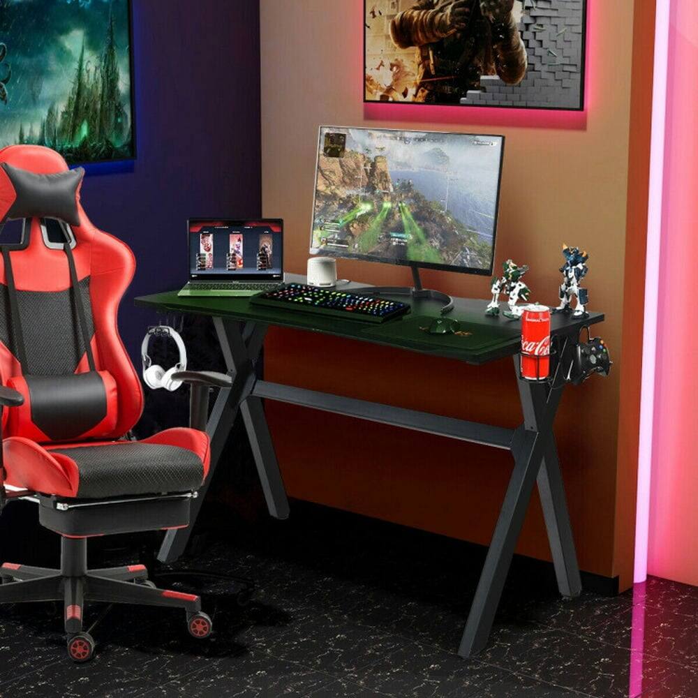 Alt View 2. Pefilos - Ergonomic Gaming Desk with Mousepad & Cup Headphone Holder, Office Desk, Gaming Computer Desks for Study,Working,Writing - Black.