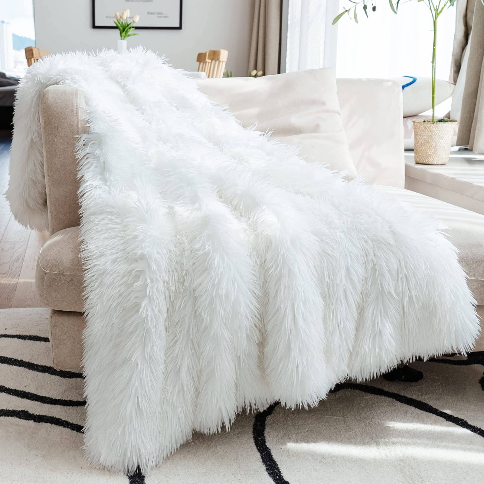 Refined Abode Design - Extra Long Hair Fluffy Faux Throw Blanket X Luxury Soft Decorative Fuzzy Furry Blankets For Couch Cozy Plush - White Throw Size - 50" x 60"