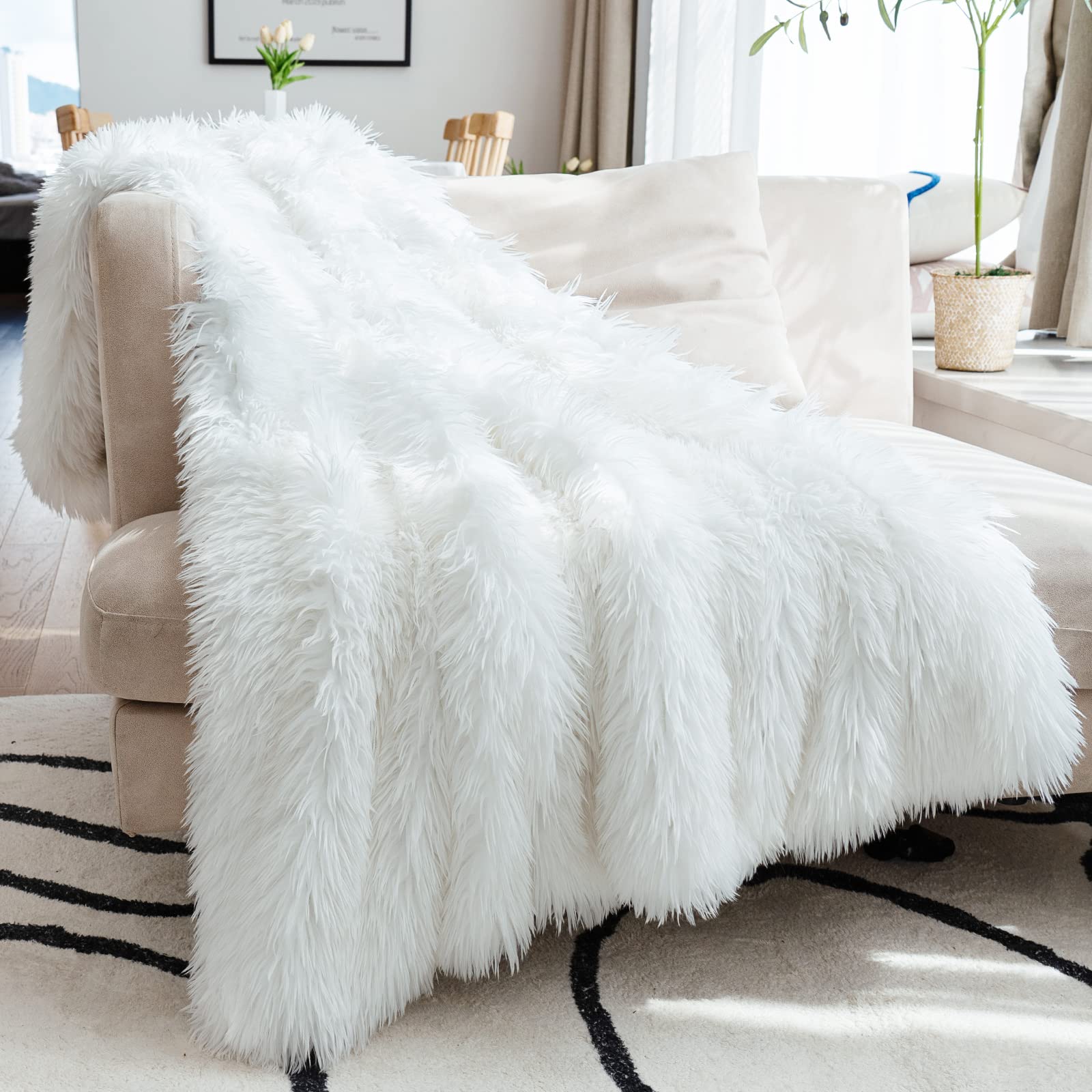 Front. Refined Abode Design - Extra Long Hair Fluffy Faux Throw Blanket X Luxury Soft Decorative Fuzzy Furry Blankets For Couch Cozy Plush - White Throw Size - 50" x 60".
