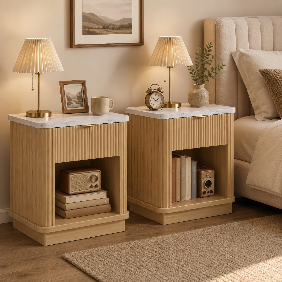 Loheer - Nightstands Set of 2, Fluted Bedside Tables with Drawer and Open Shelf - Natural