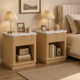 Loheer - Nightstands Set of 2, Fluted Bedside Tables with Drawer and Open Shelf - Natural