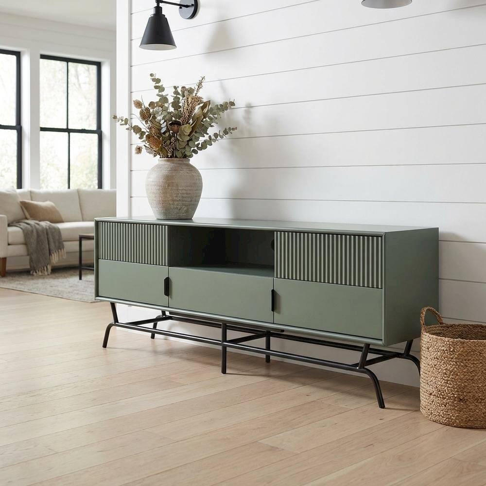 Alt View 1. Starlight Canyon Home - Sage Green and Black Wooden TV Stand with Multi-Storage Compartments - Green.