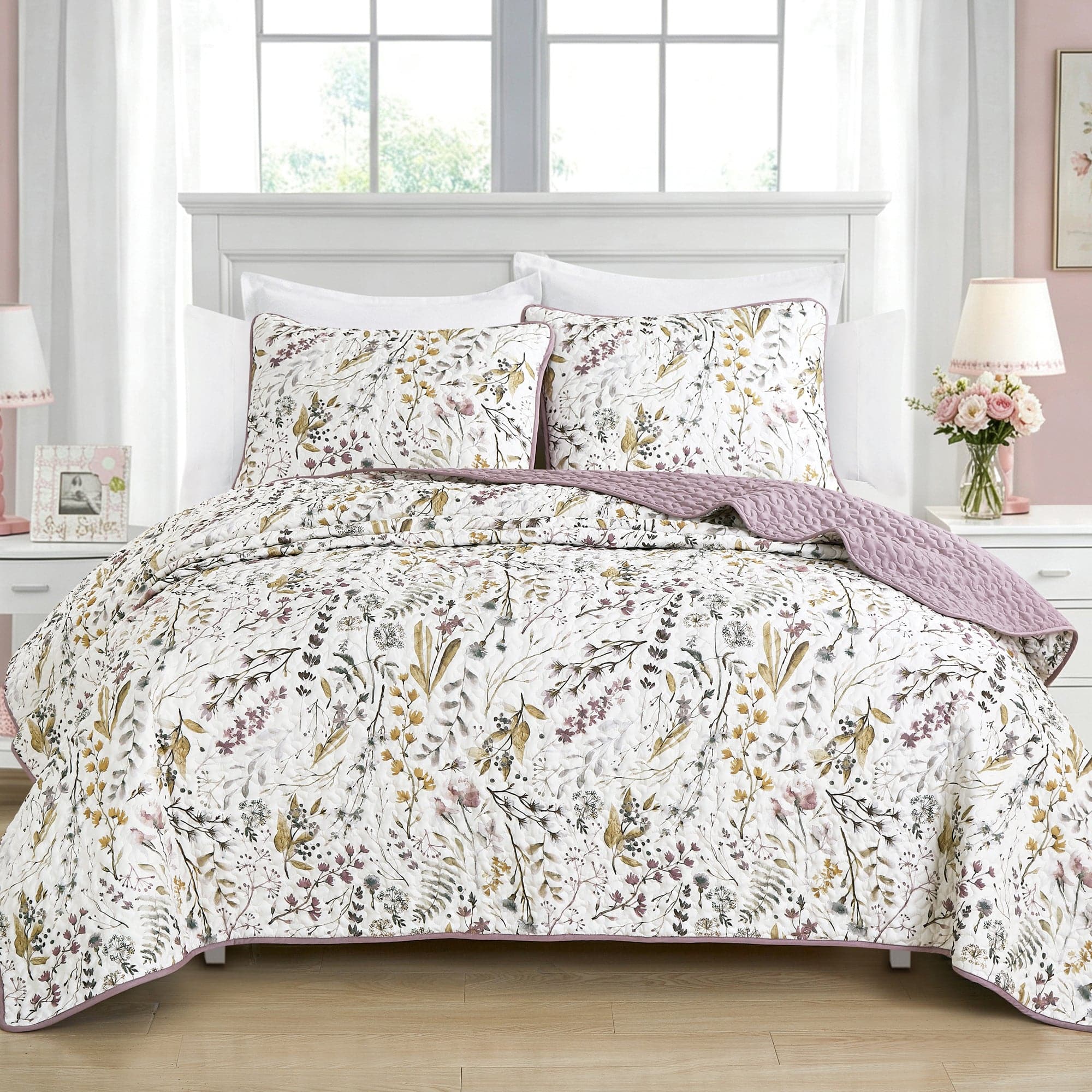 MarCielo - 3 Piece Lightweight Quilt Bedspread Set Reversible Floral Botanical - Purple Floral price history on PriceWatchPro