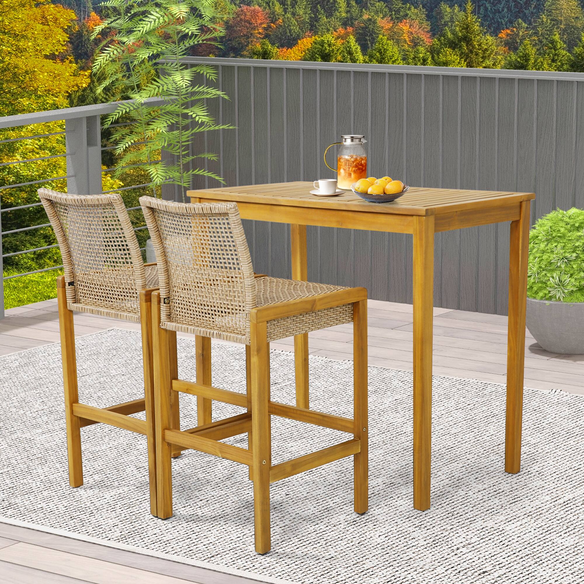 Alt View 1. Costway - Costway Set of 2 Patio Wood Barstools Rattan Bar Height Chairs with Backrest Porch Balcony - Light Brown,Teak.